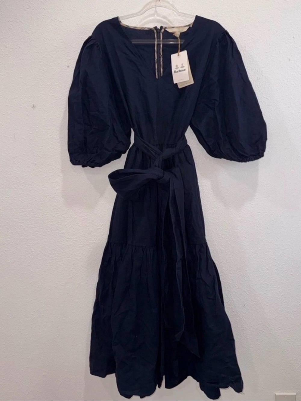 BARBOUR Annie Puff Sleeve Linen & Cotton Midi Dress in Navy Sz: 12